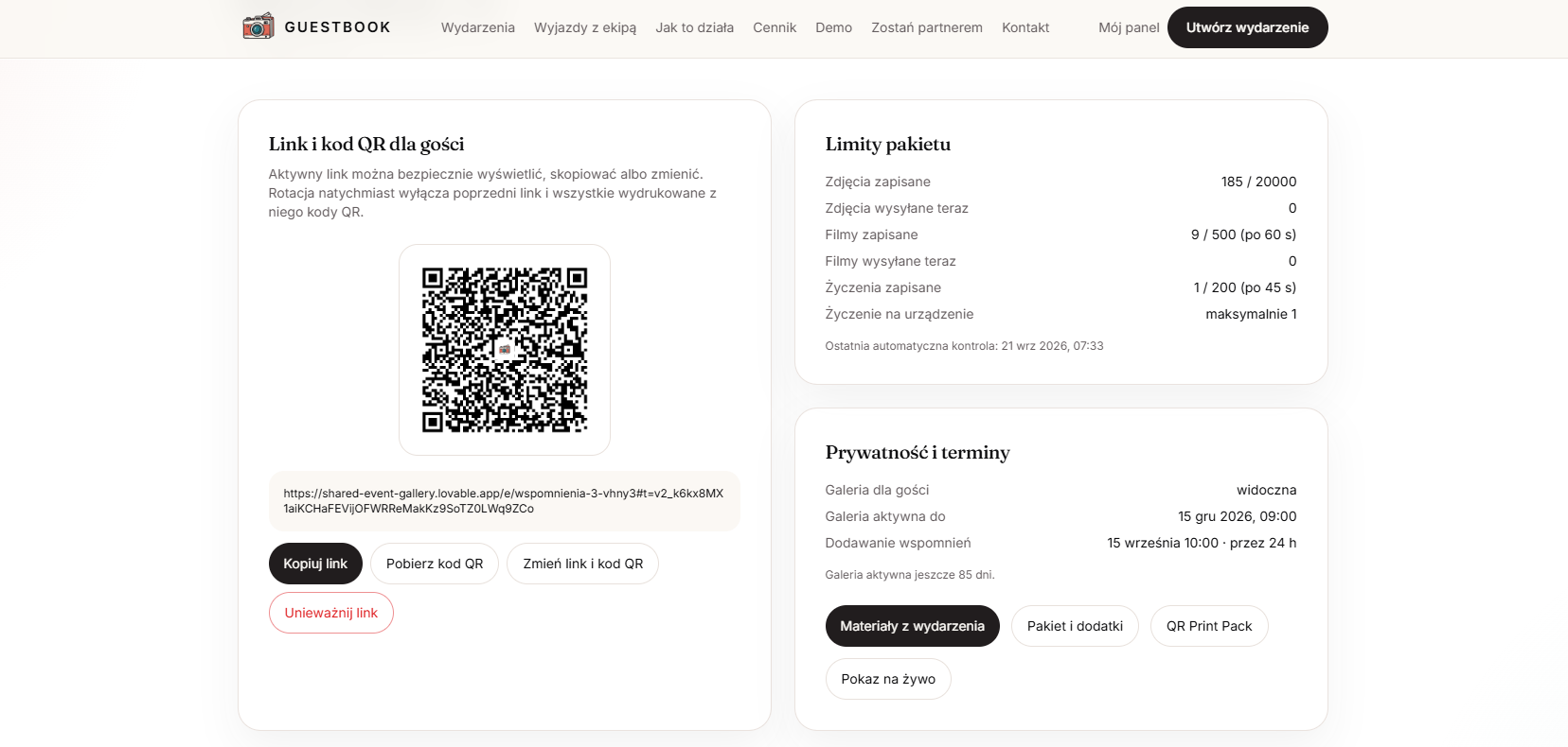 Panel wydarzenia z linkiem, kodem QR, limitami pakietu i terminami galerii