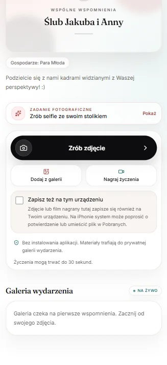 Mobilny ekran prostego dodawania zdjęcia do galerii wydarzenia